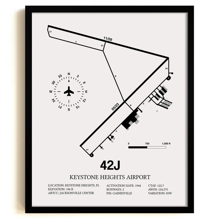 Framed Detailed Airport Map of Keystone Heights Airport (42J) in White with a Black Frame