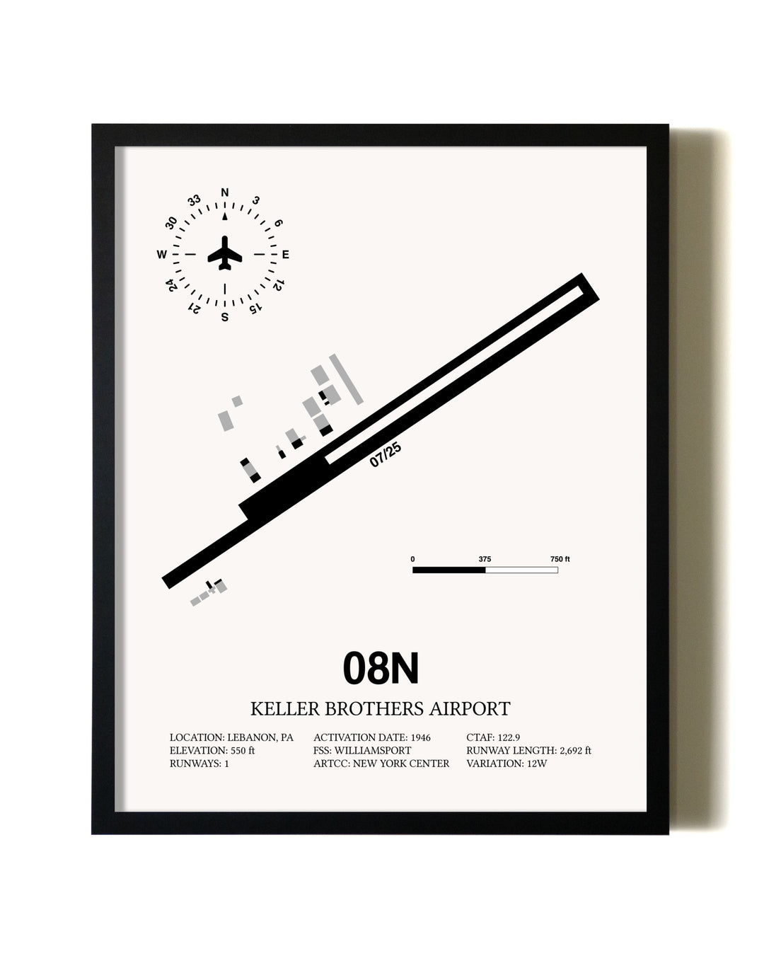 Framed Keller Brothers Airport wall art poster in black frame