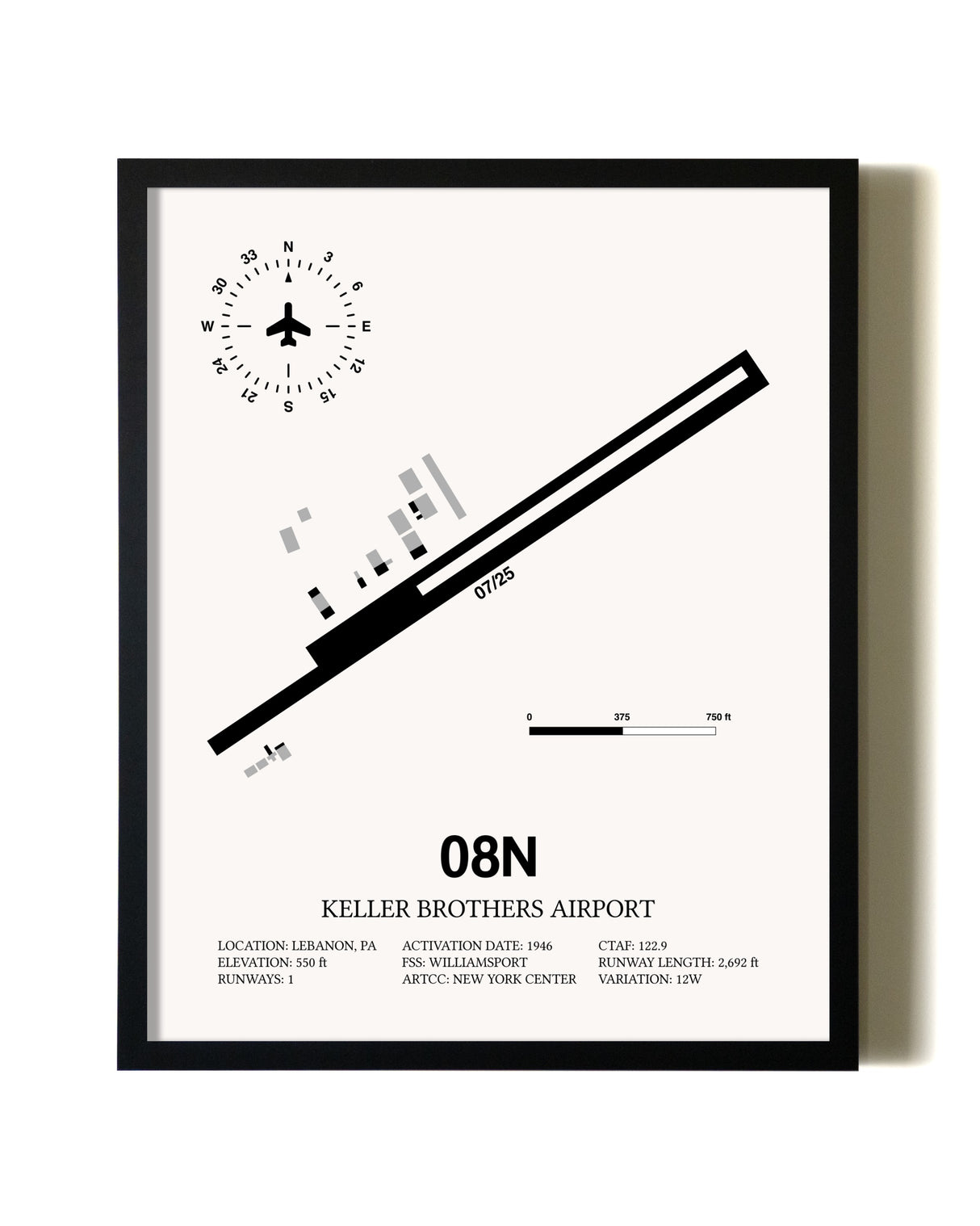 Framed Keller Brothers Airport wall art poster in black frame