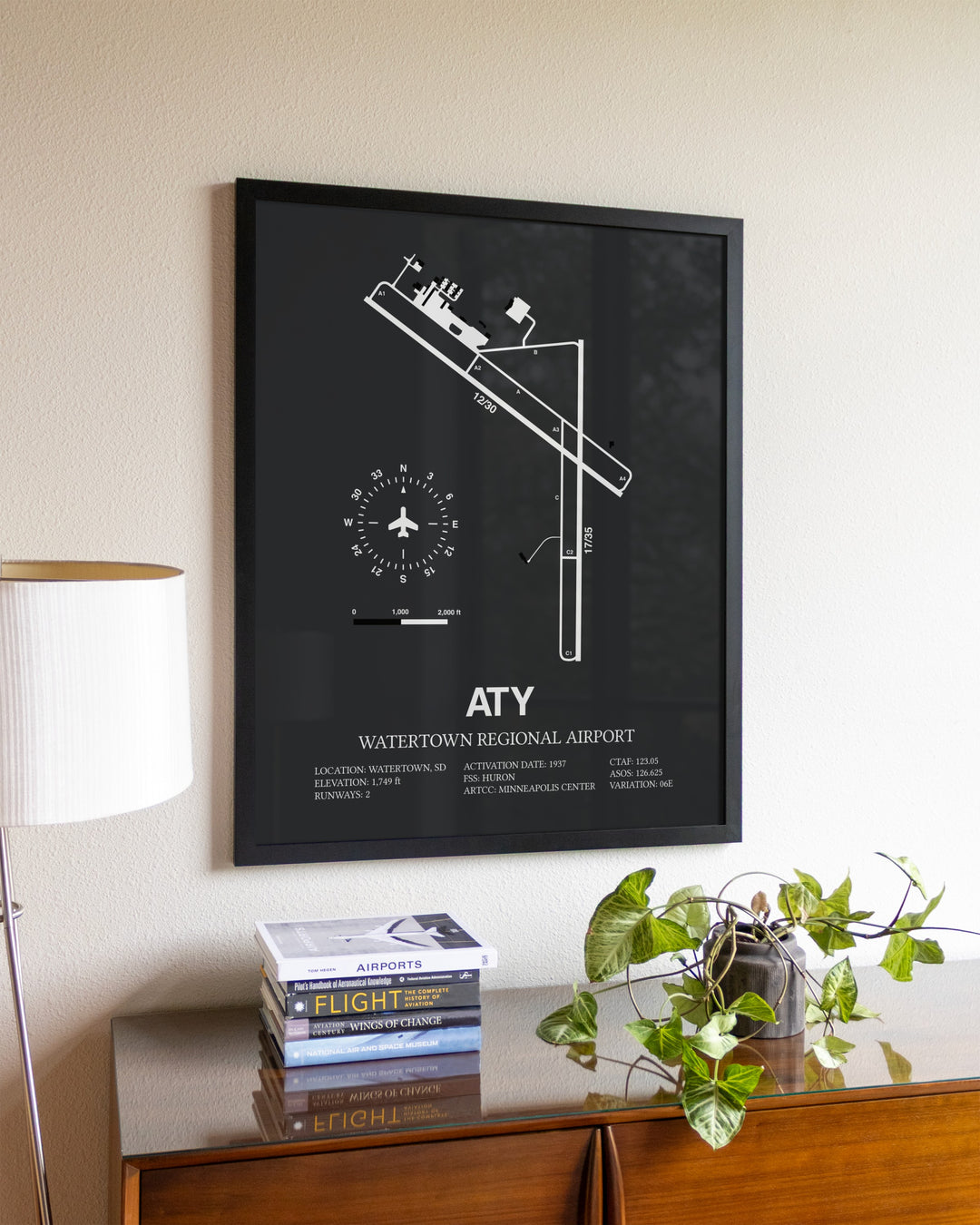 Gray Framed Watertown Regional Airport wall art poster in black frame