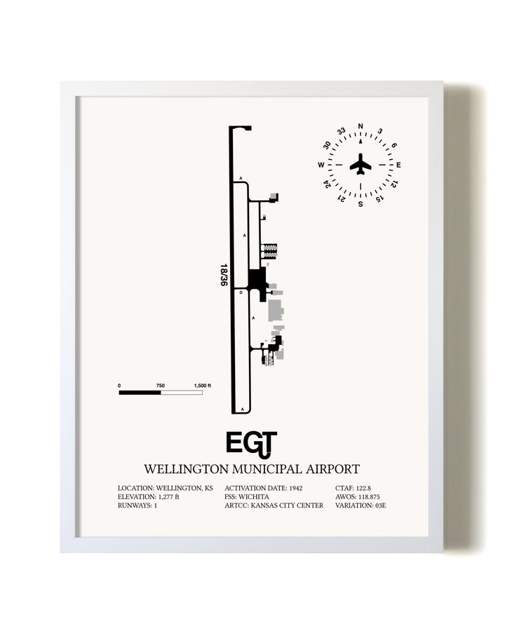 Wellington Municipal Airport airport map poster in oak frame