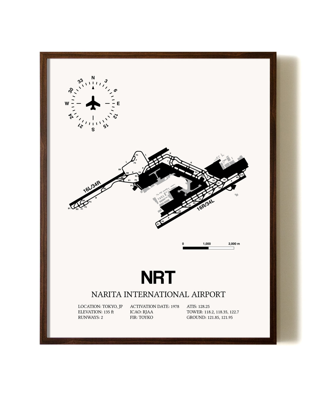 Narita International Airport aviation print in walnut frame