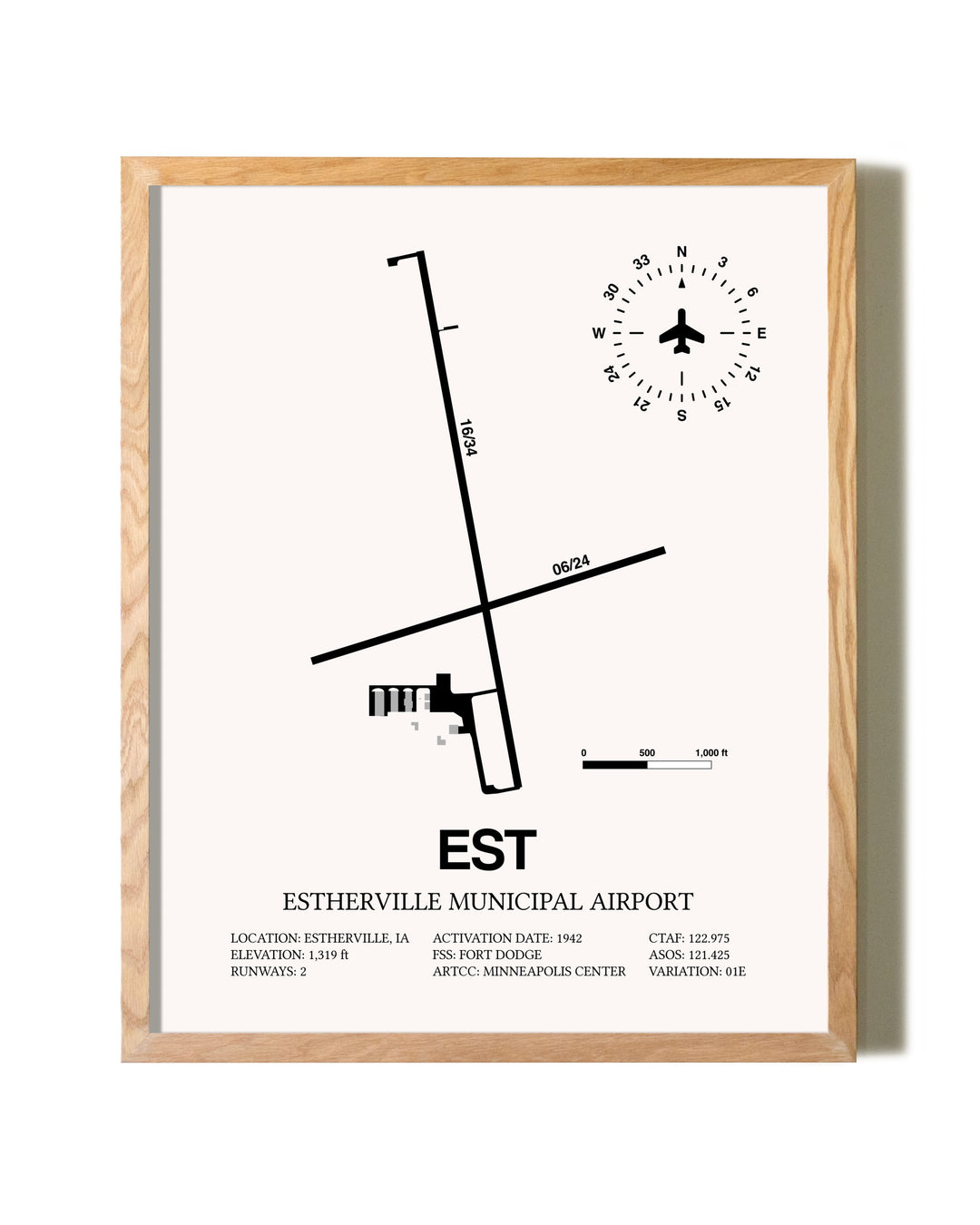 Estherville Municipal Airport framed print in natural wood frame