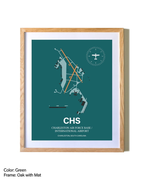 Charleston Air Force Base/International Airport airport map poster in oak frame with mat