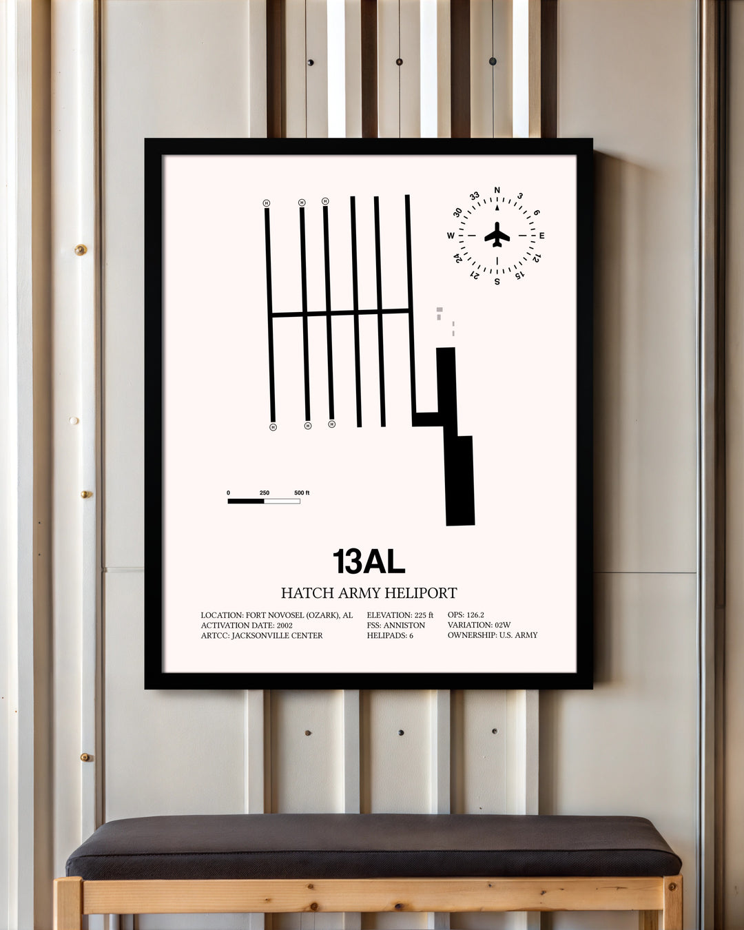 Hatch Army Heliport framed poster displayed in an airplane hangar