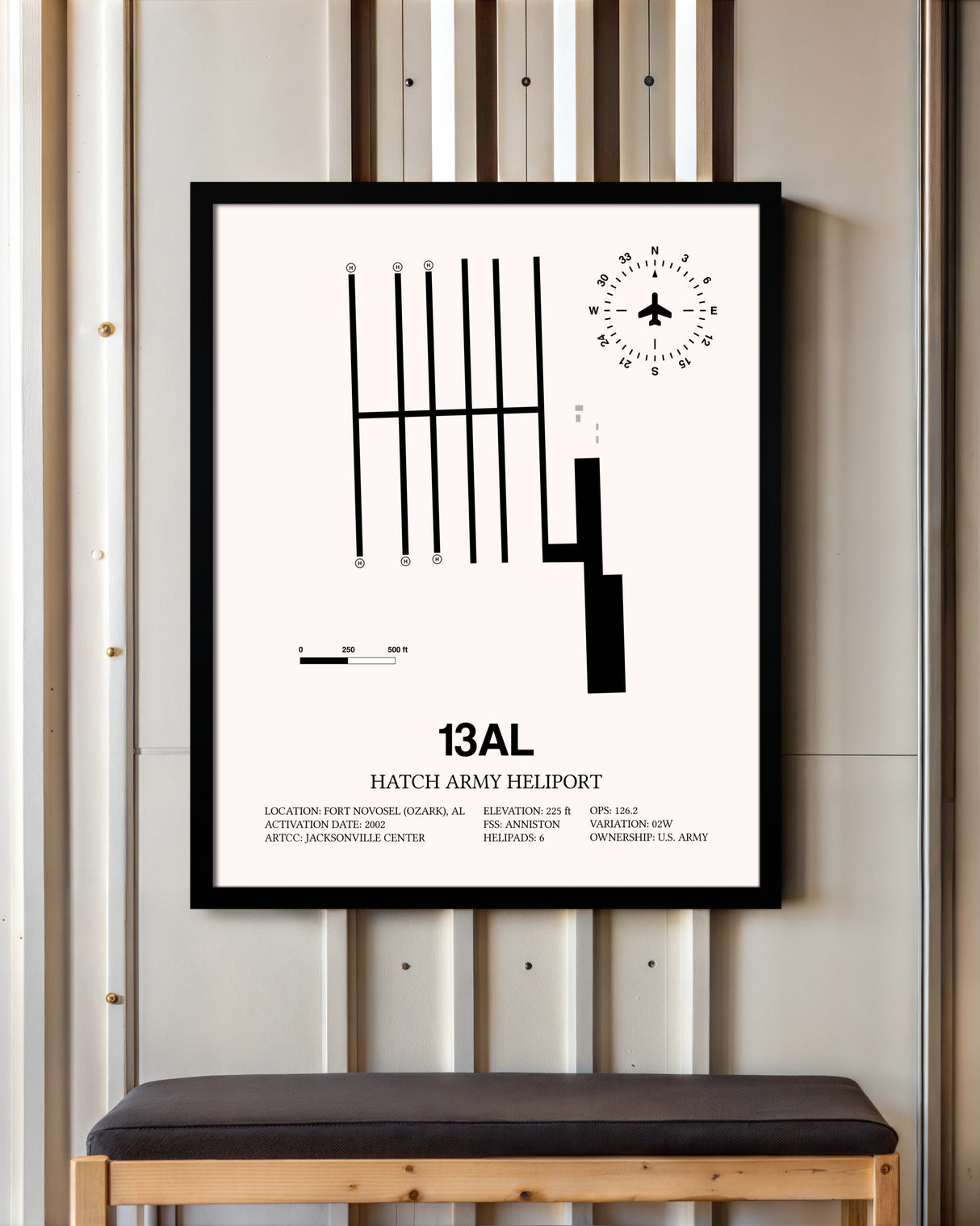 Hatch Army Heliport framed poster displayed in an airplane hangar