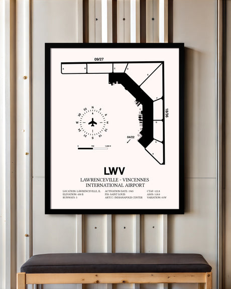 Lawrenceville-Vincennes International Airport framed poster displayed in an airplane hangar