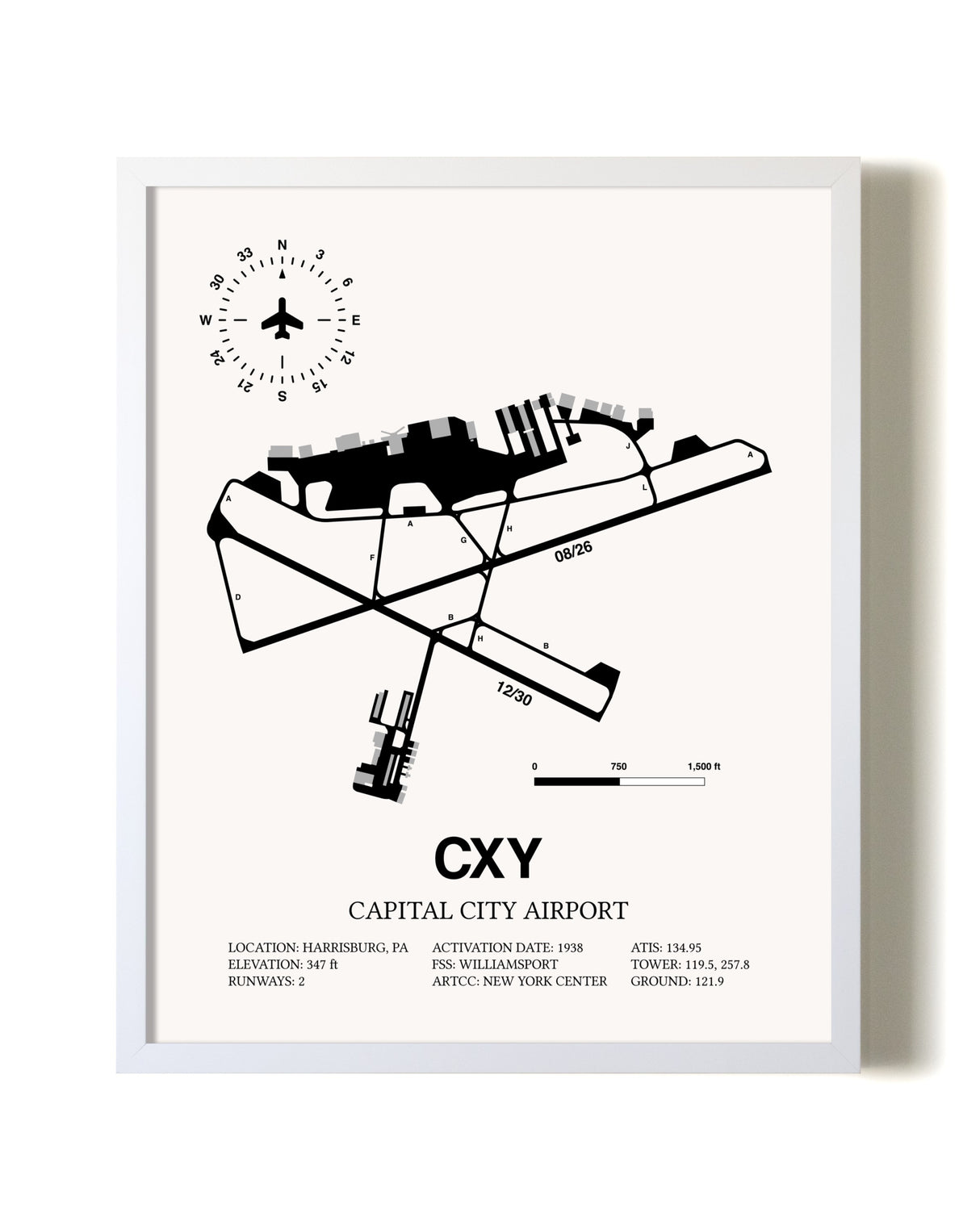 Capital City Airport airport map poster in oak frame