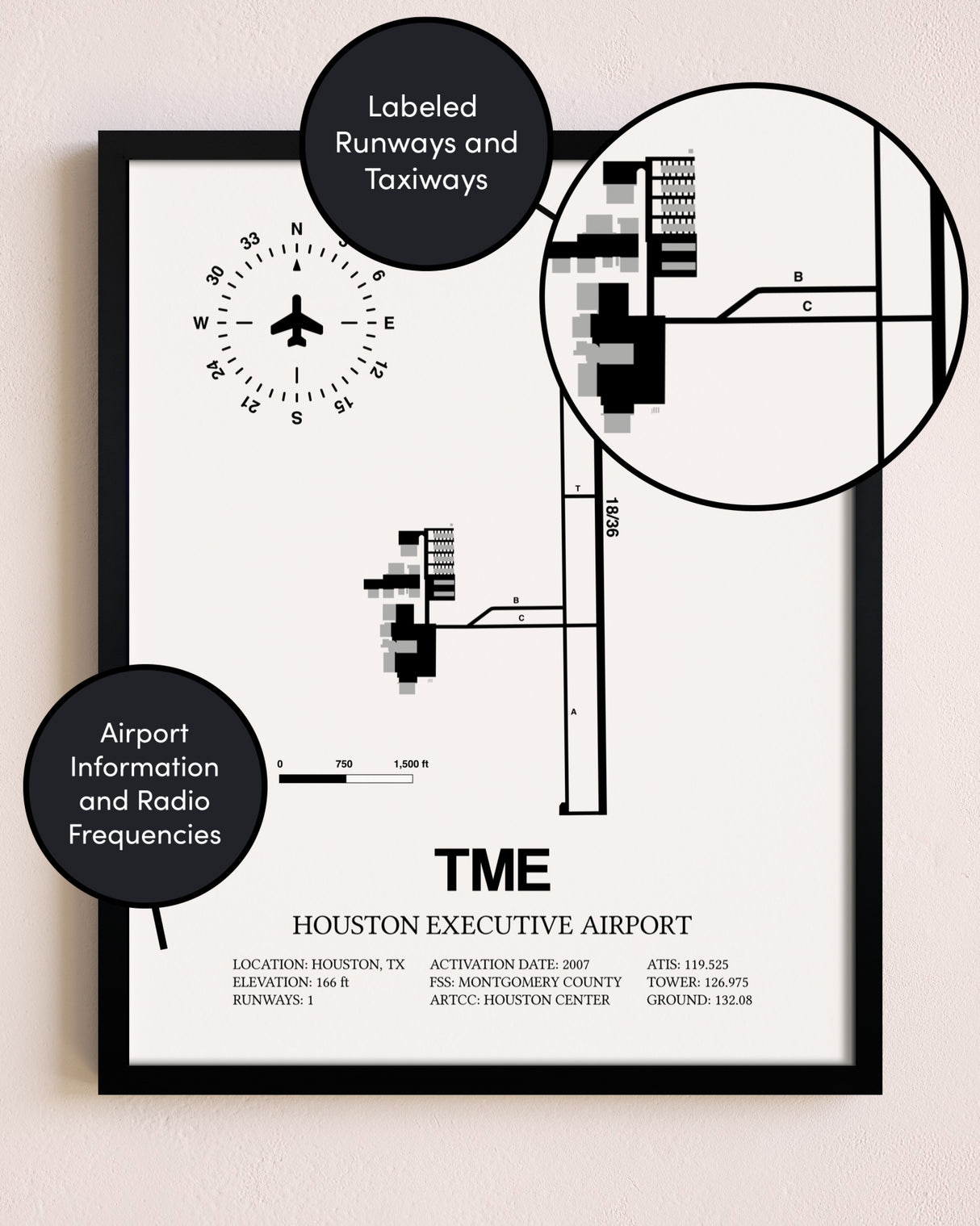 Framed Houston Executive Airport layout wall art poster