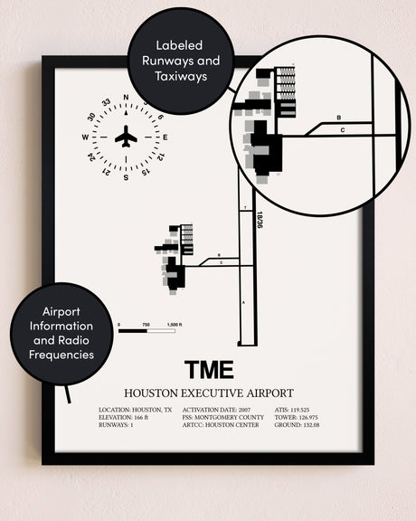 Framed Houston Executive Airport layout wall art poster