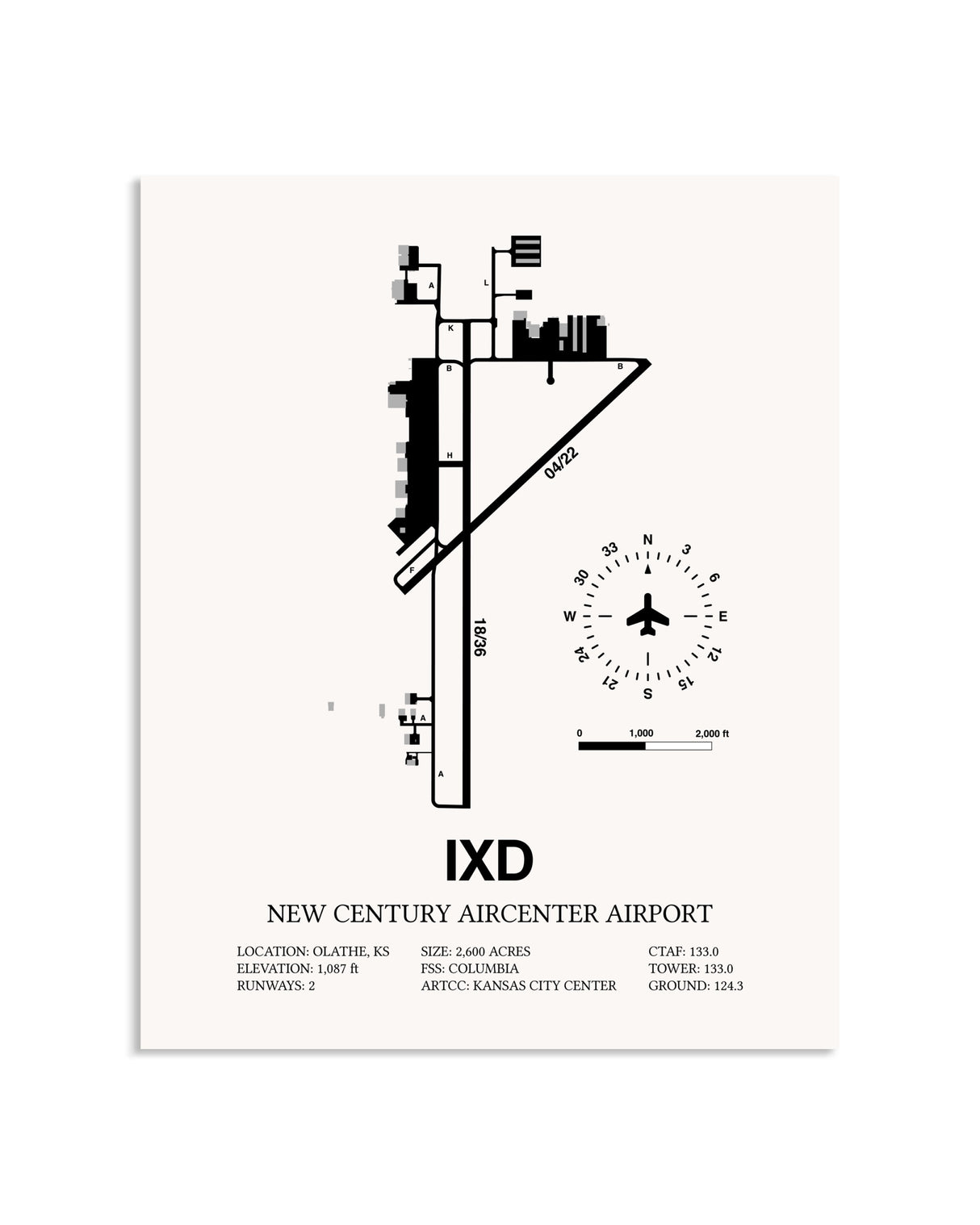 Gray New Century Aircenter Airport framed poster displayed in an airplane hangar