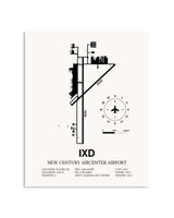 Gray New Century Aircenter Airport framed poster displayed in an airplane hangar