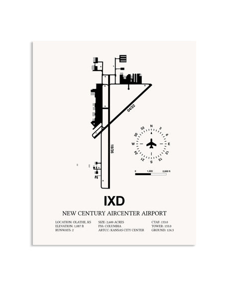Gray New Century Aircenter Airport framed poster displayed in an airplane hangar