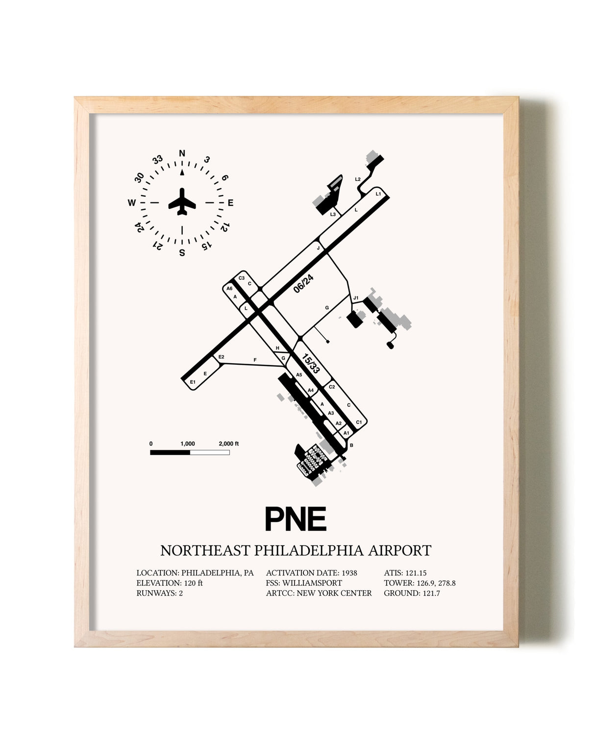 Northeast Philadelphia Airport framed wall art in white frame
