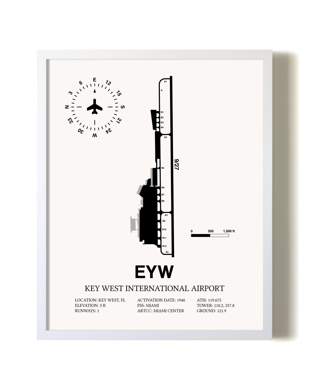 Key West International Airport airport map poster in oak frame