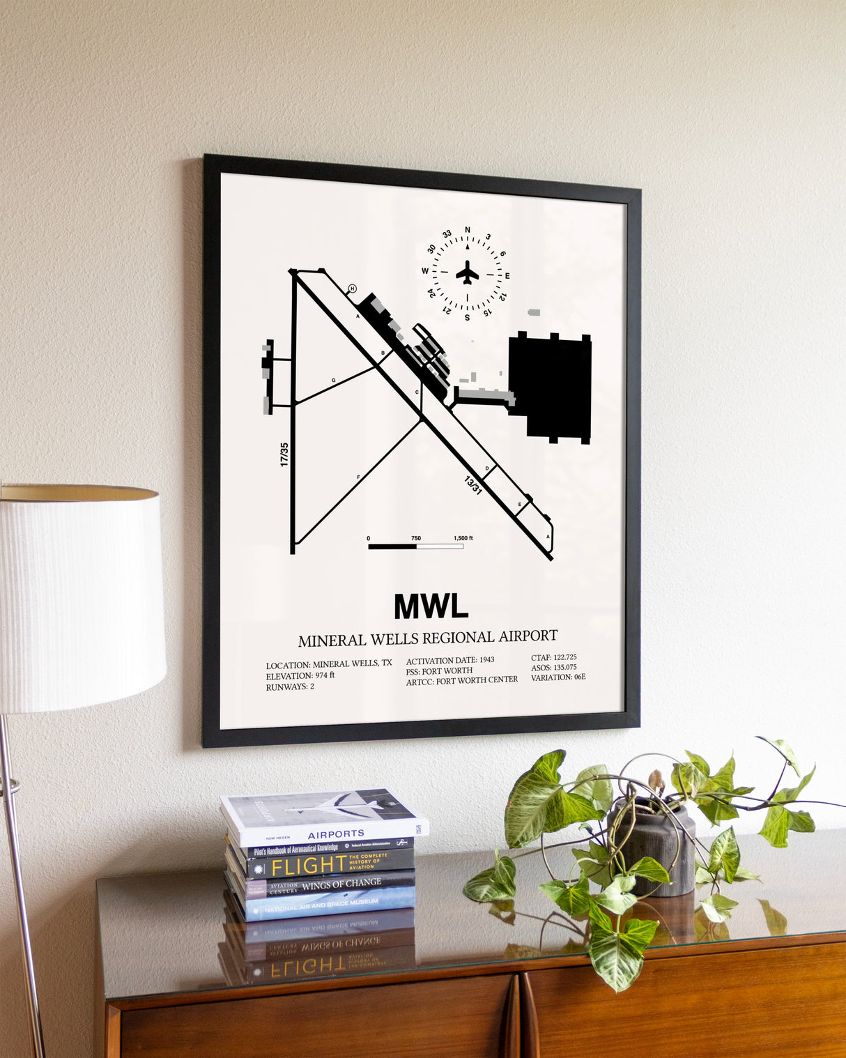 Mineral Wells Regional Airport aviation wall décor in black wood frame