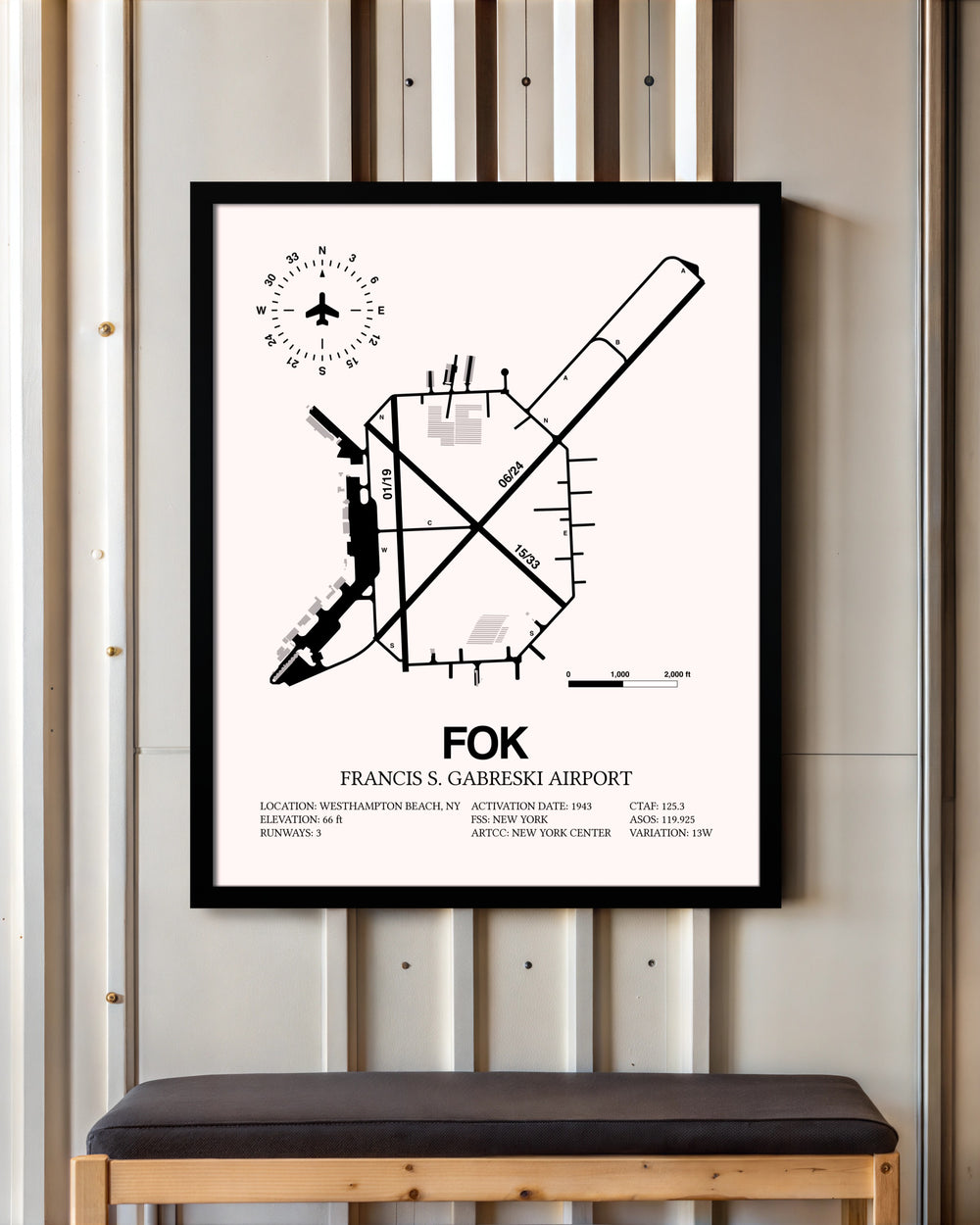 Francis S. Gabreski Airport framed poster displayed in an airplane hangar