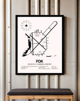 Francis S. Gabreski Airport framed poster displayed in an airplane hangar