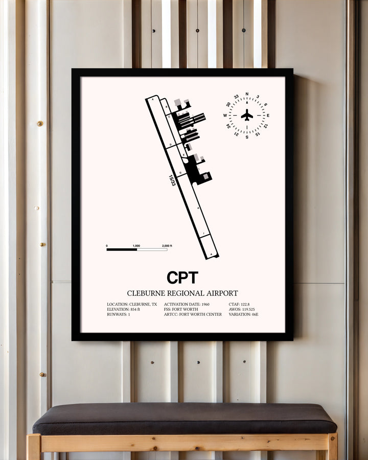 Cleburne Regional Airport framed poster displayed in an airplane hangar