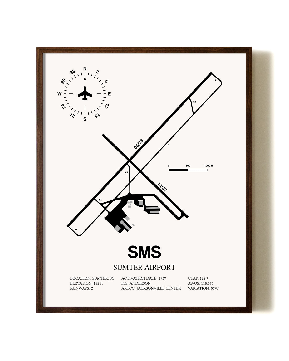 Sumter Airport aviation print in walnut frame