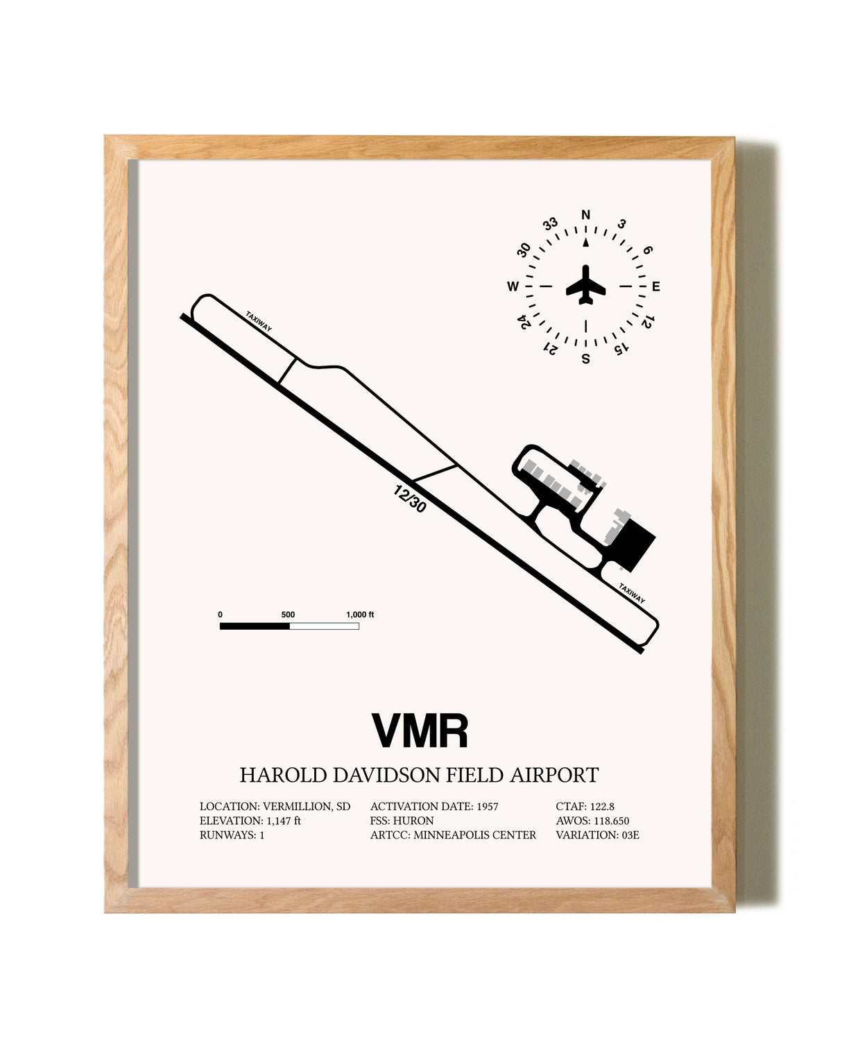 Harold Davidson Field Airport framed print in natural wood frame