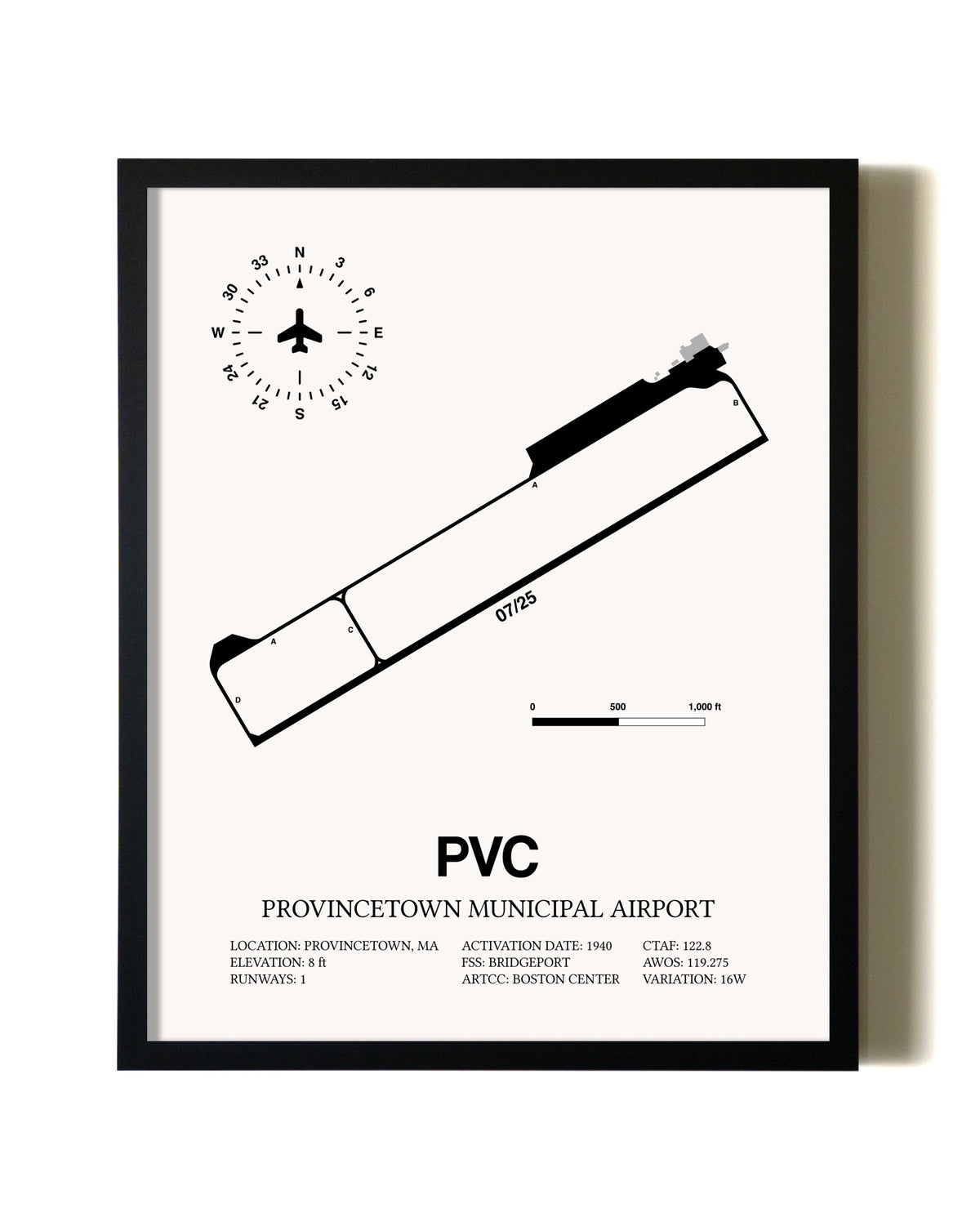 Framed Provincetown Municipal Airport wall art poster in black frame