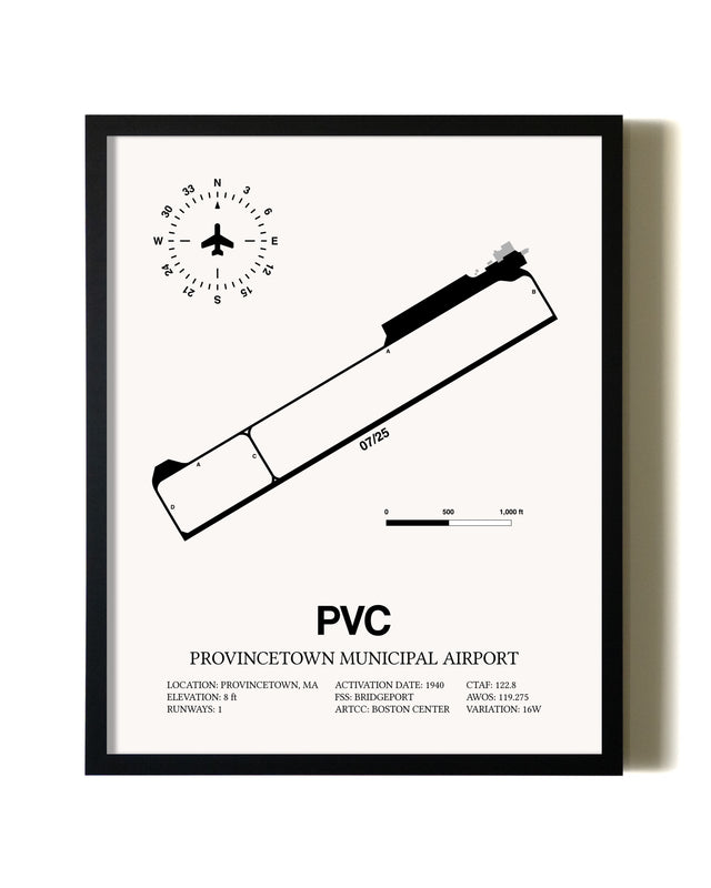 Framed Provincetown Municipal Airport wall art poster in black frame