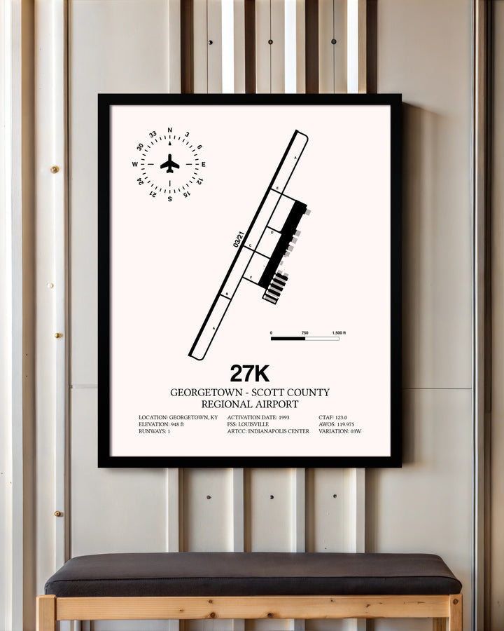 Georgetown - Scott County Regional Airport framed poster displayed in an airplane hangar