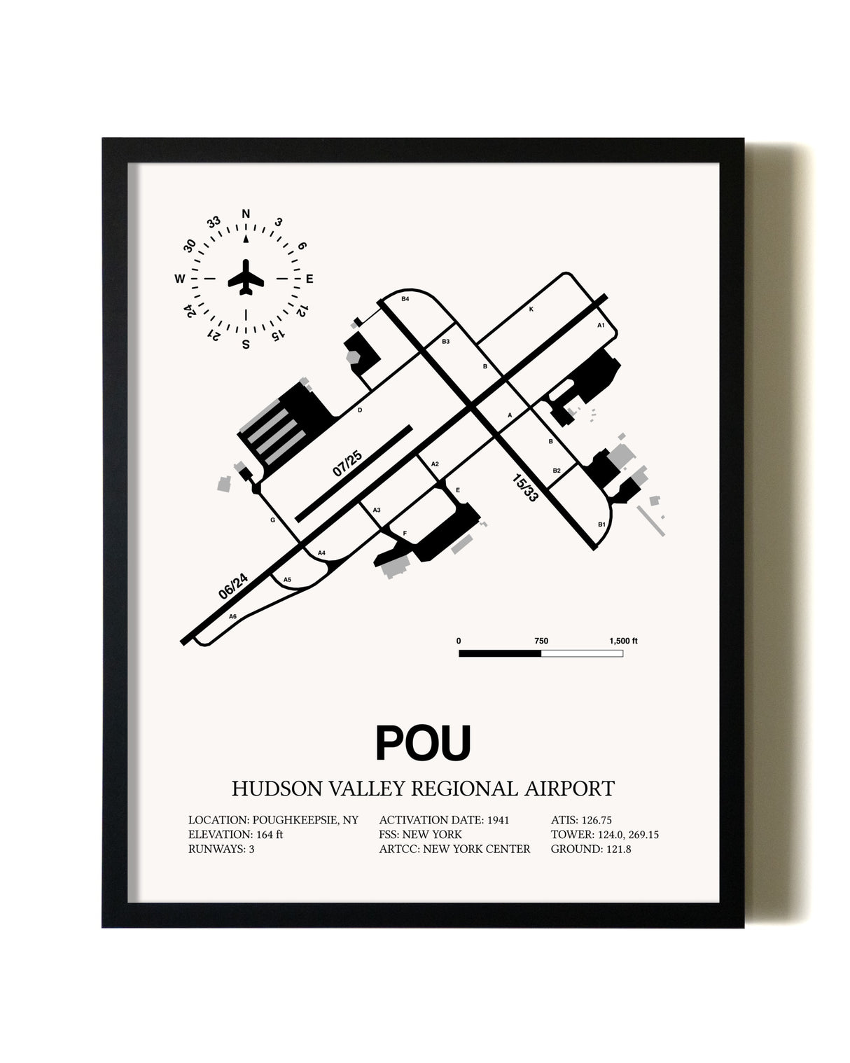 Framed Hudson Valley Regional Airport wall art poster in black frame