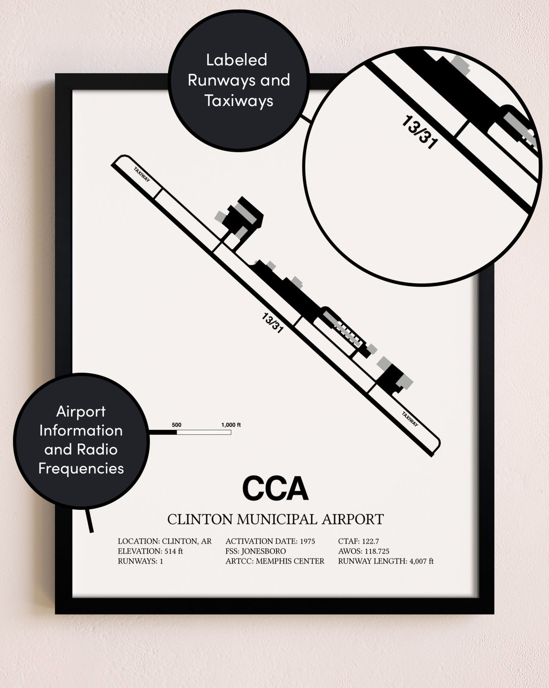 Framed Clinton Municipal Airport layout wall art poster