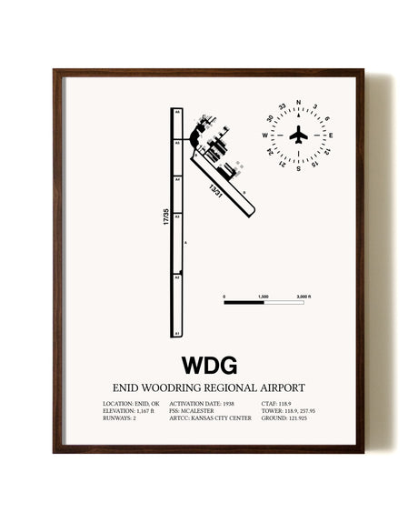Enid Woodring Regional Airport aviation print in walnut frame