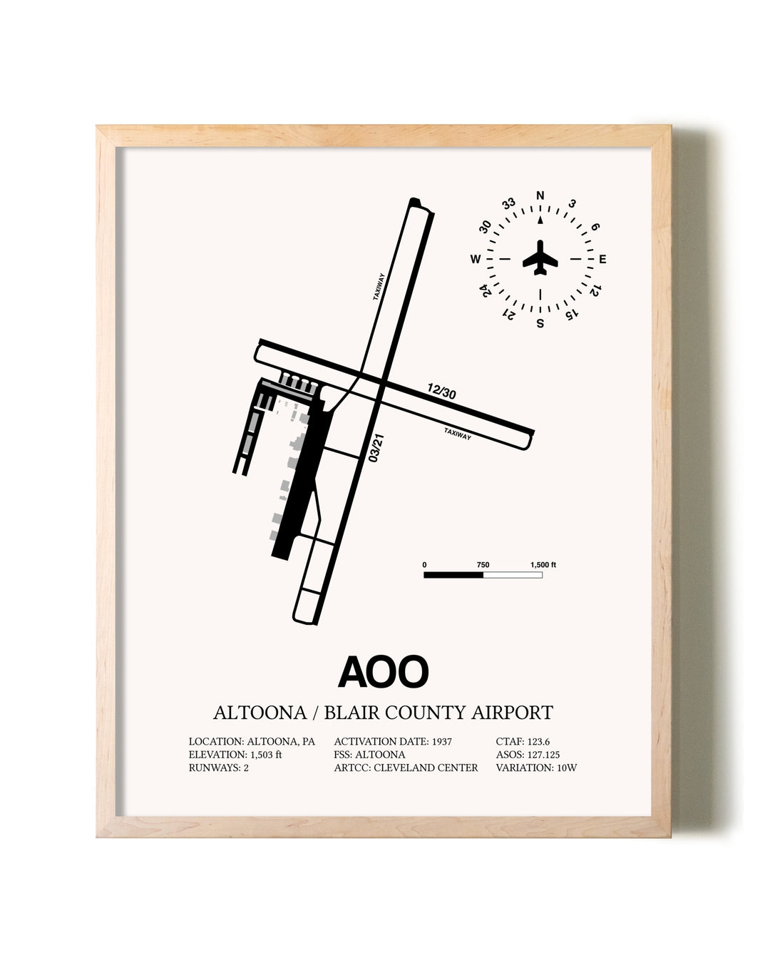 Altoona / Blair County Airport framed wall art in white frame