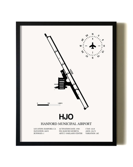 Framed Hanford Municipal Airport wall art poster in black frame