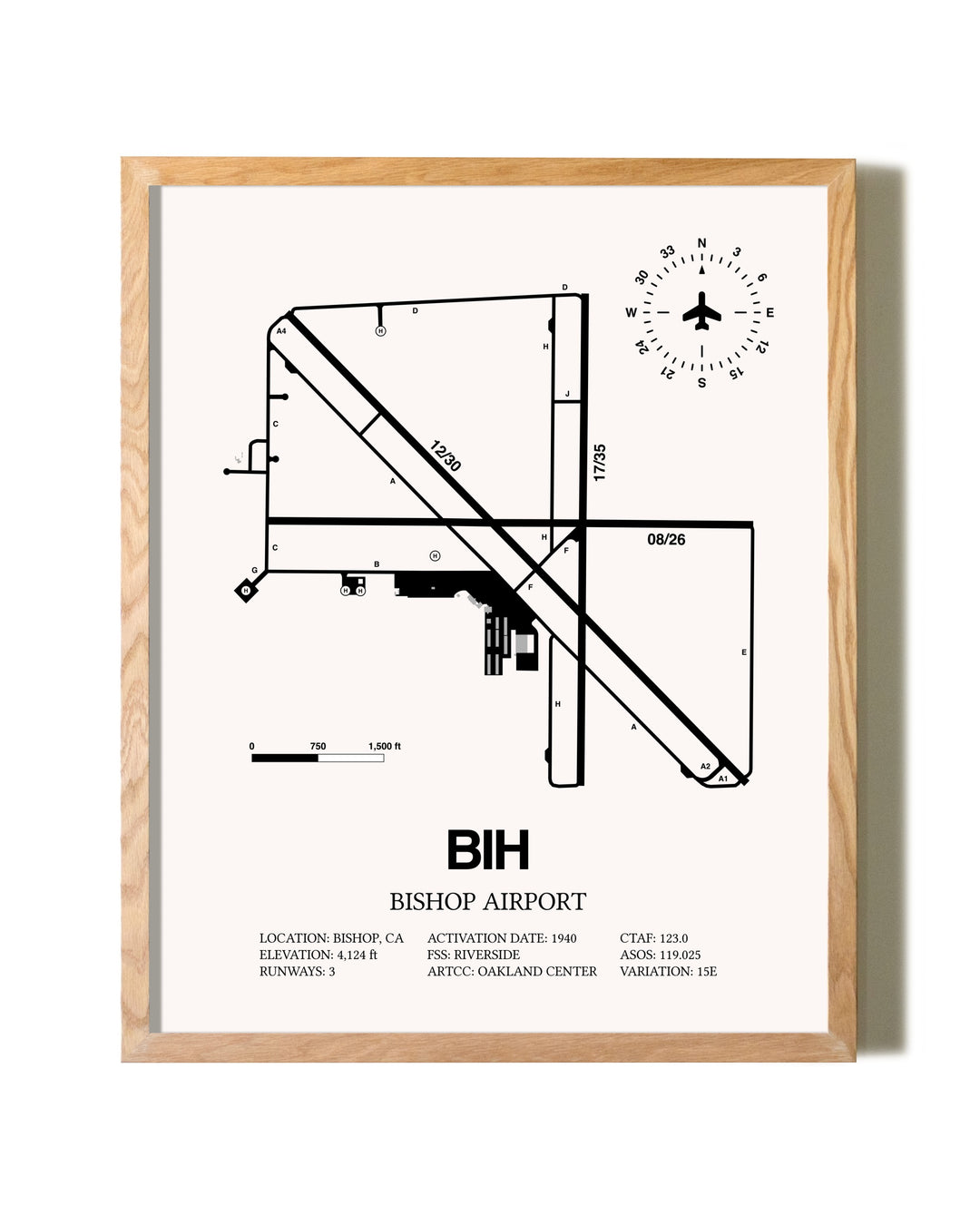 Bishop Airport framed print in natural wood frame