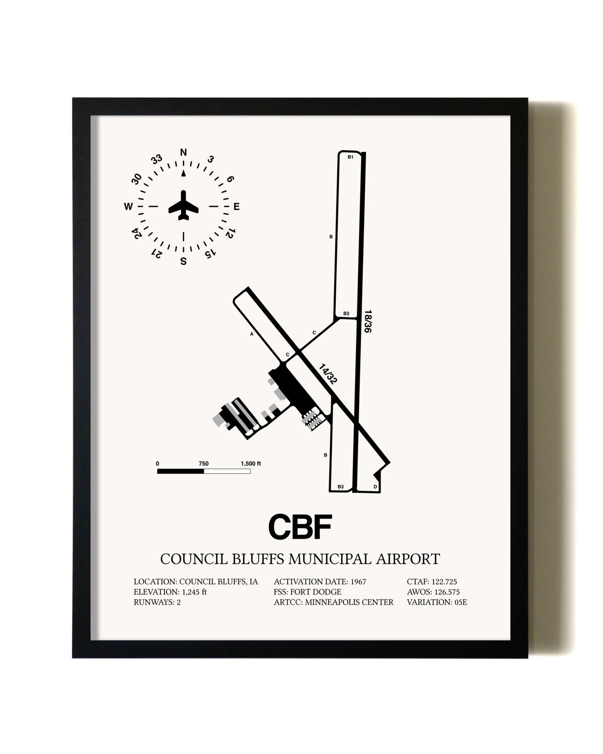 Framed Council Bluffs Municipal Airport wall art poster in black frame