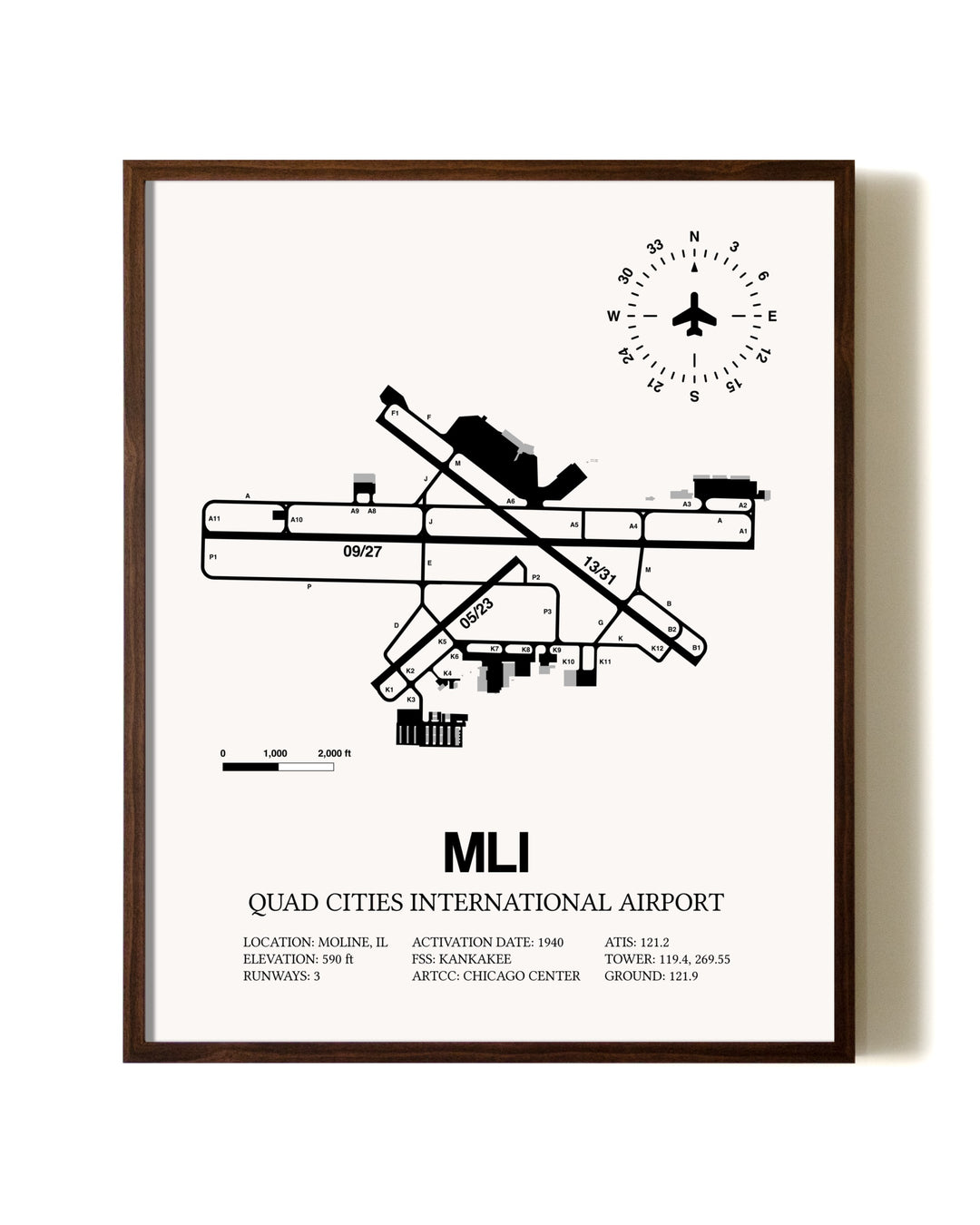Quad Cities International Airport aviation print in walnut frame