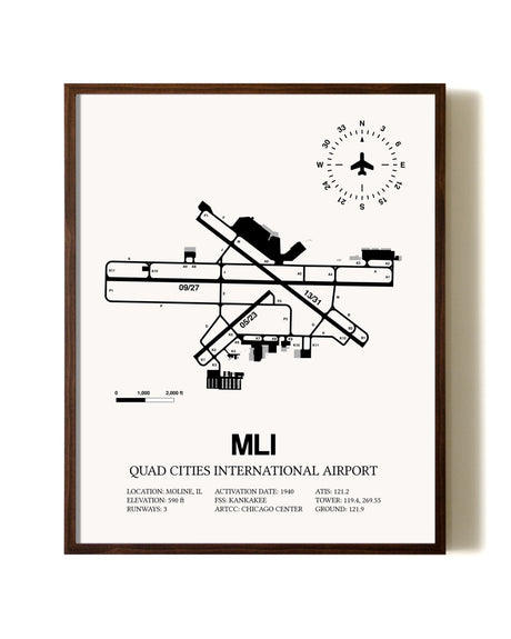 Quad Cities International Airport aviation print in walnut frame