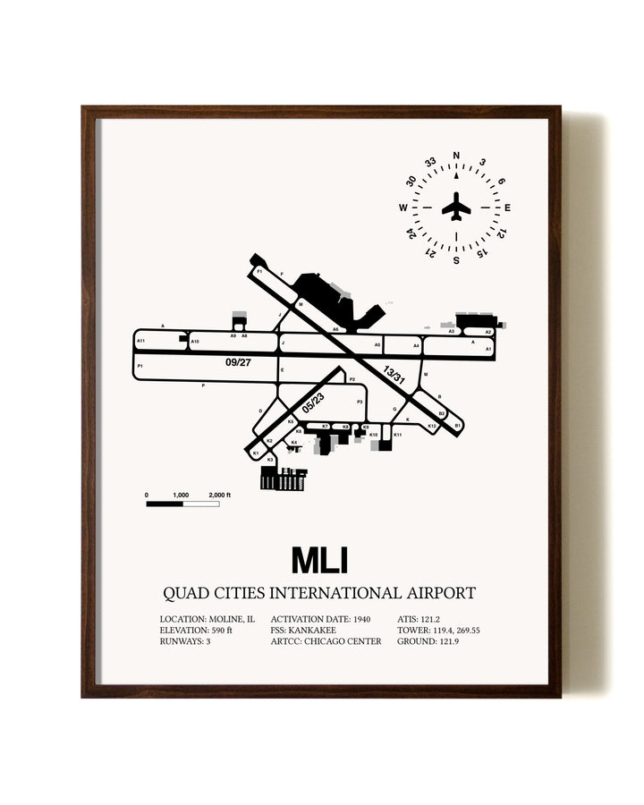 Quad Cities International Airport aviation print in walnut frame