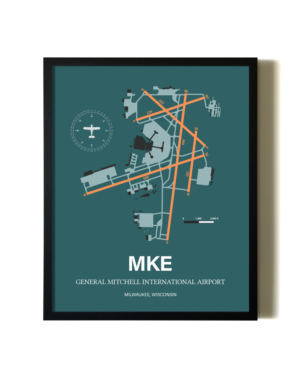 Green General Mitchell International Airport aviation wall décor in black wood frame