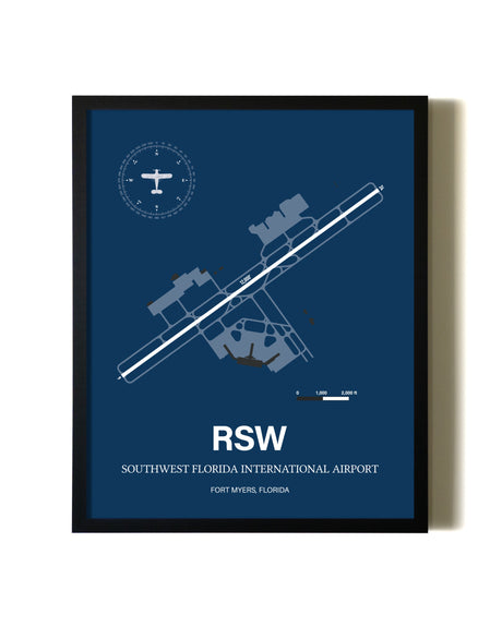 Aviation Blue Framed Southwest Florida International Airport layout wall art poster