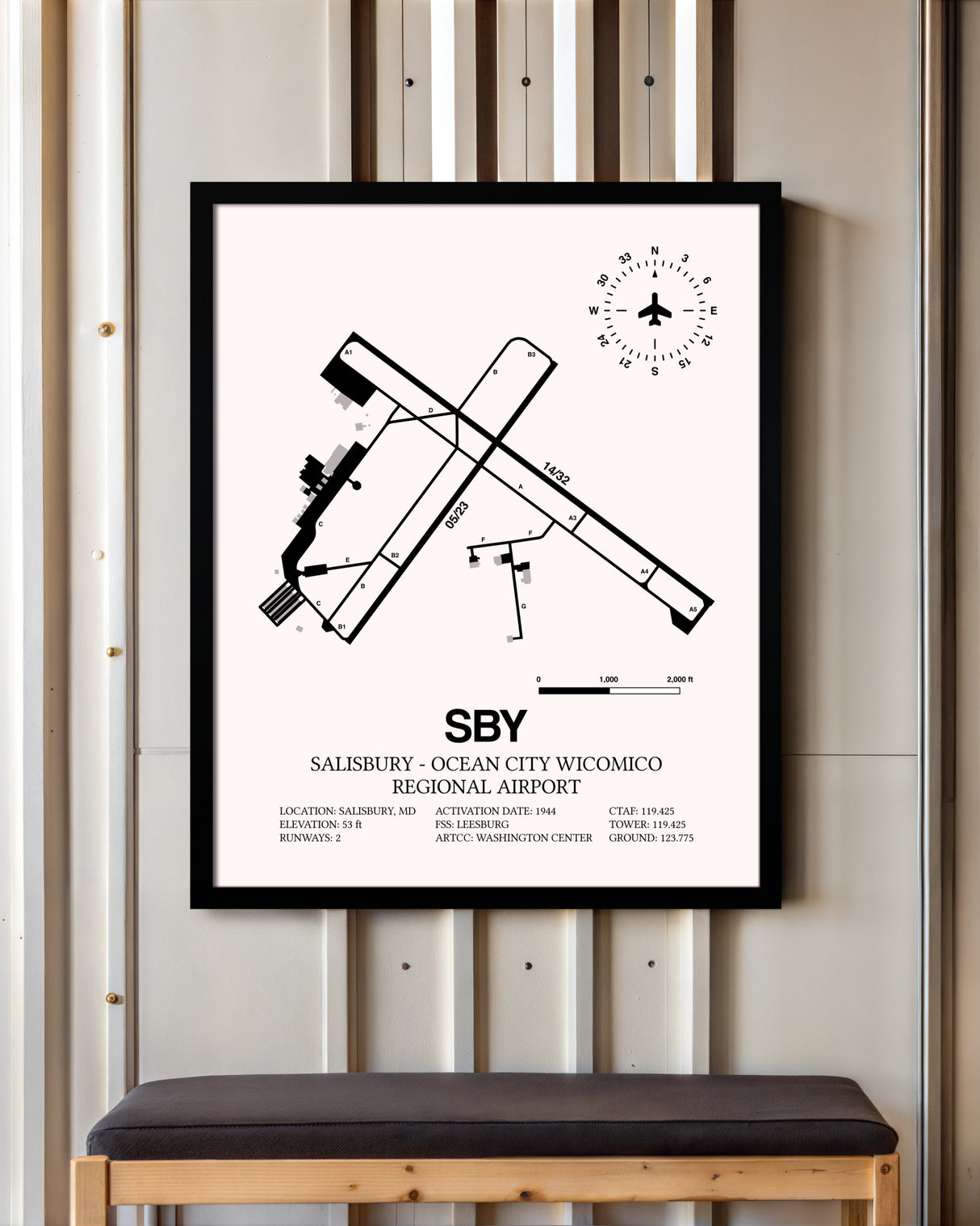 Salisbury-Ocean City Wicomico Regional Airport framed poster displayed in an airplane hangar