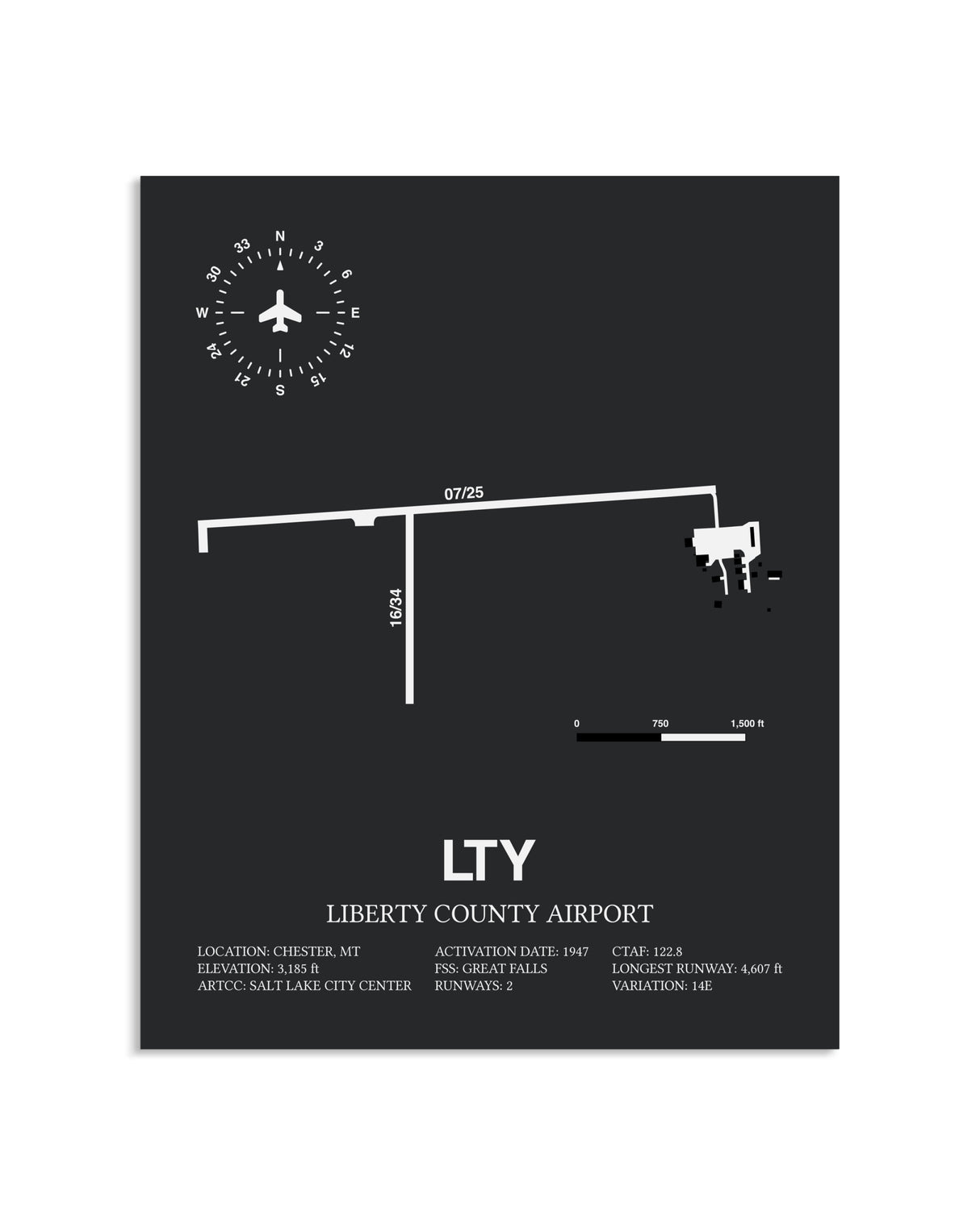 Gray Framed Liberty County Airport layout wall art poster