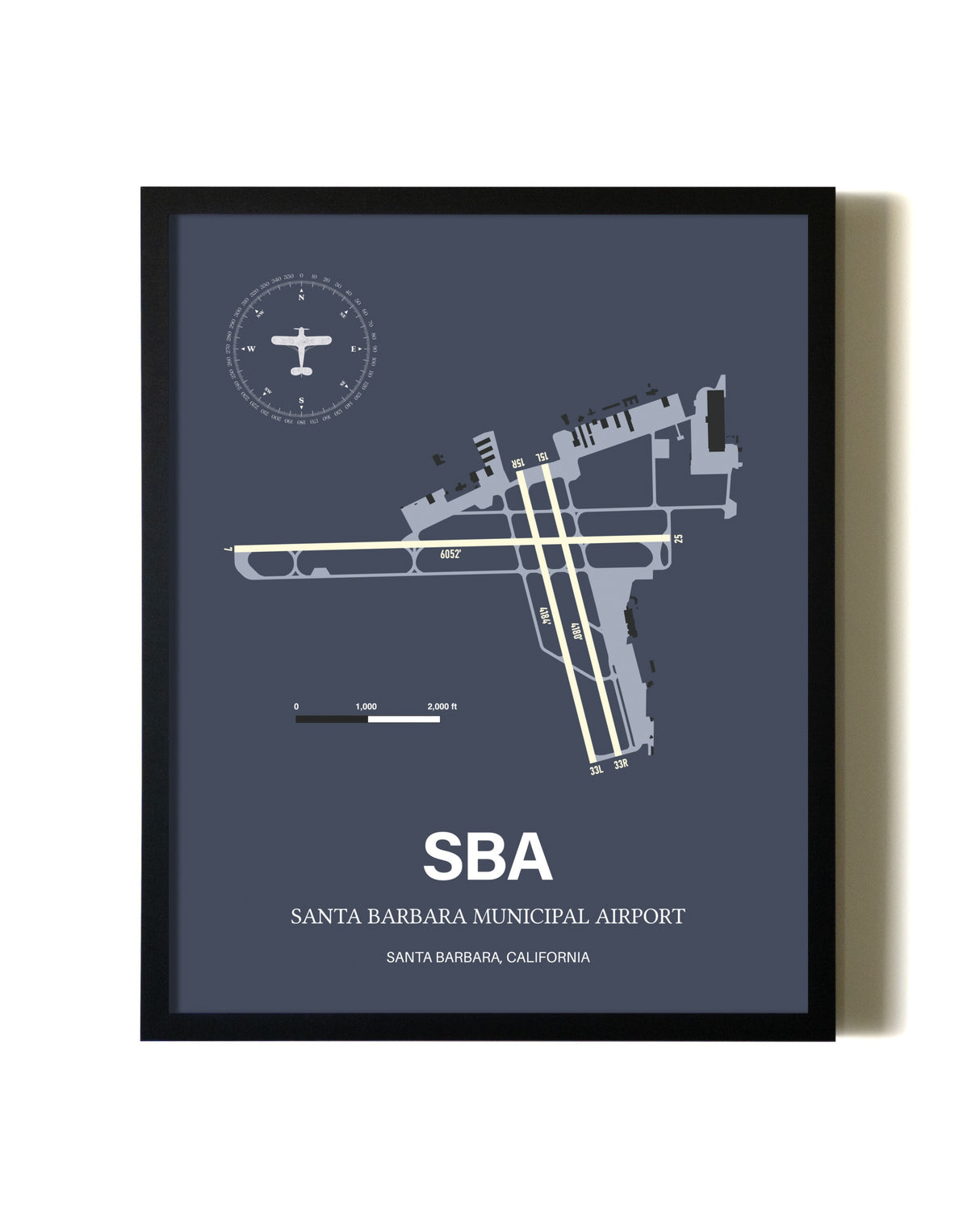Blue and Cream Framed Santa Barbara Municipal Airport layout wall art poster