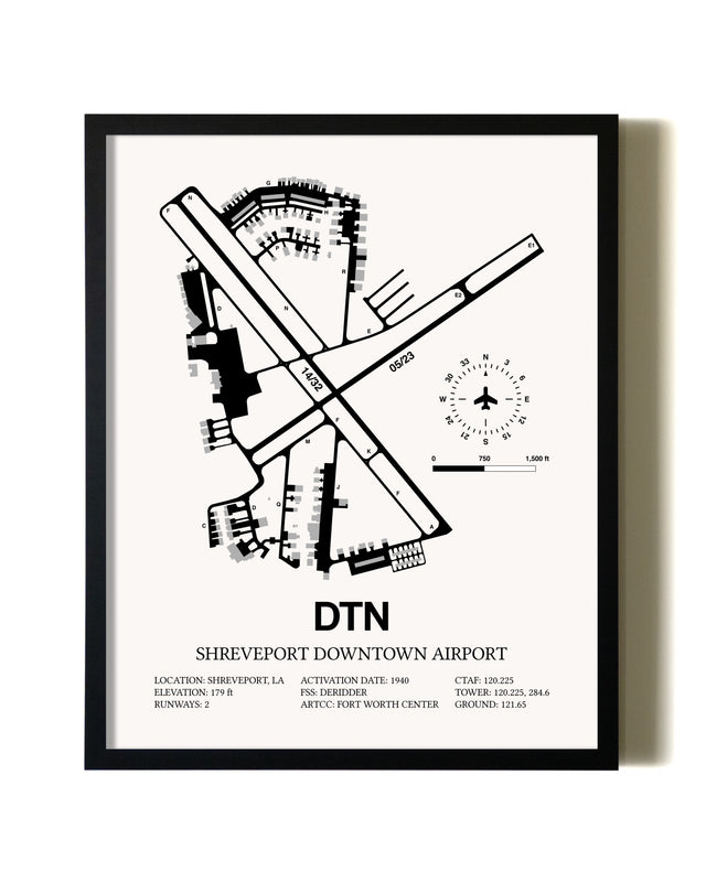 Framed Shreveport Downtown Airport wall art poster in black frame