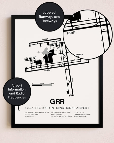 Framed Gerald R. Ford International Airport layout wall art poster