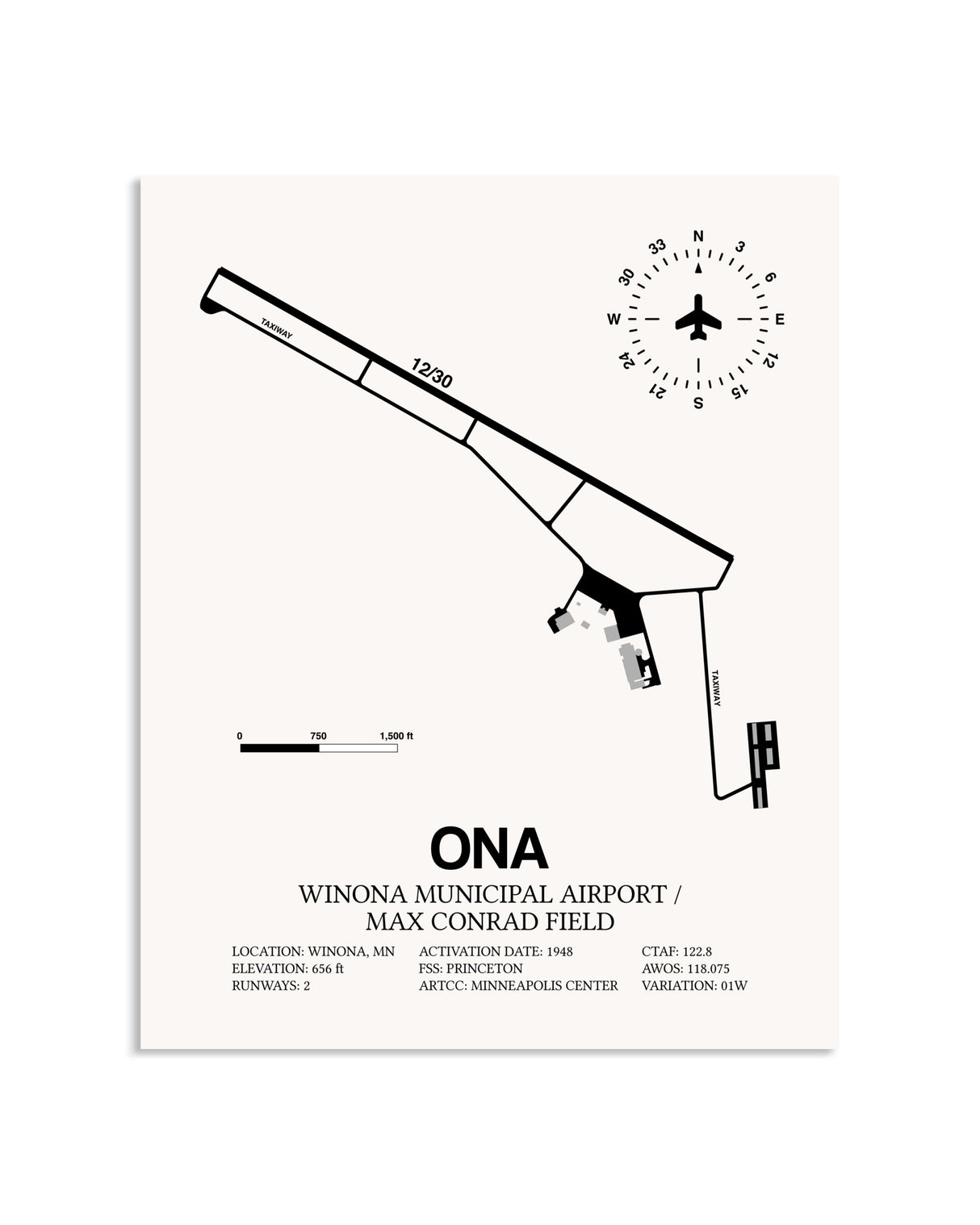 Gray Winona Municipal Airport / Max Conrad Field framed poster displayed in an airplane hangar