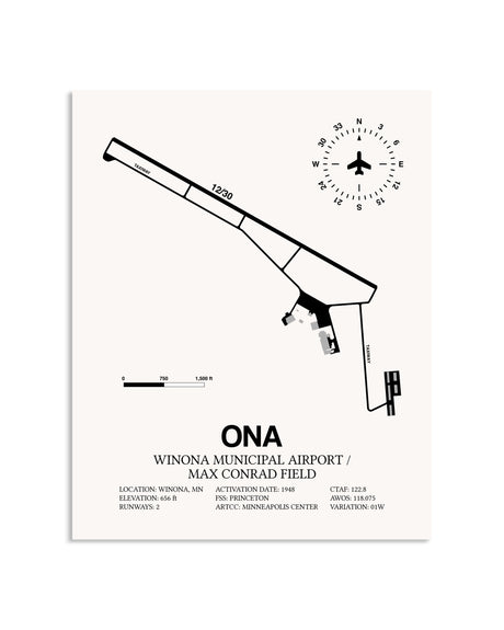 Gray Winona Municipal Airport / Max Conrad Field framed poster displayed in an airplane hangar