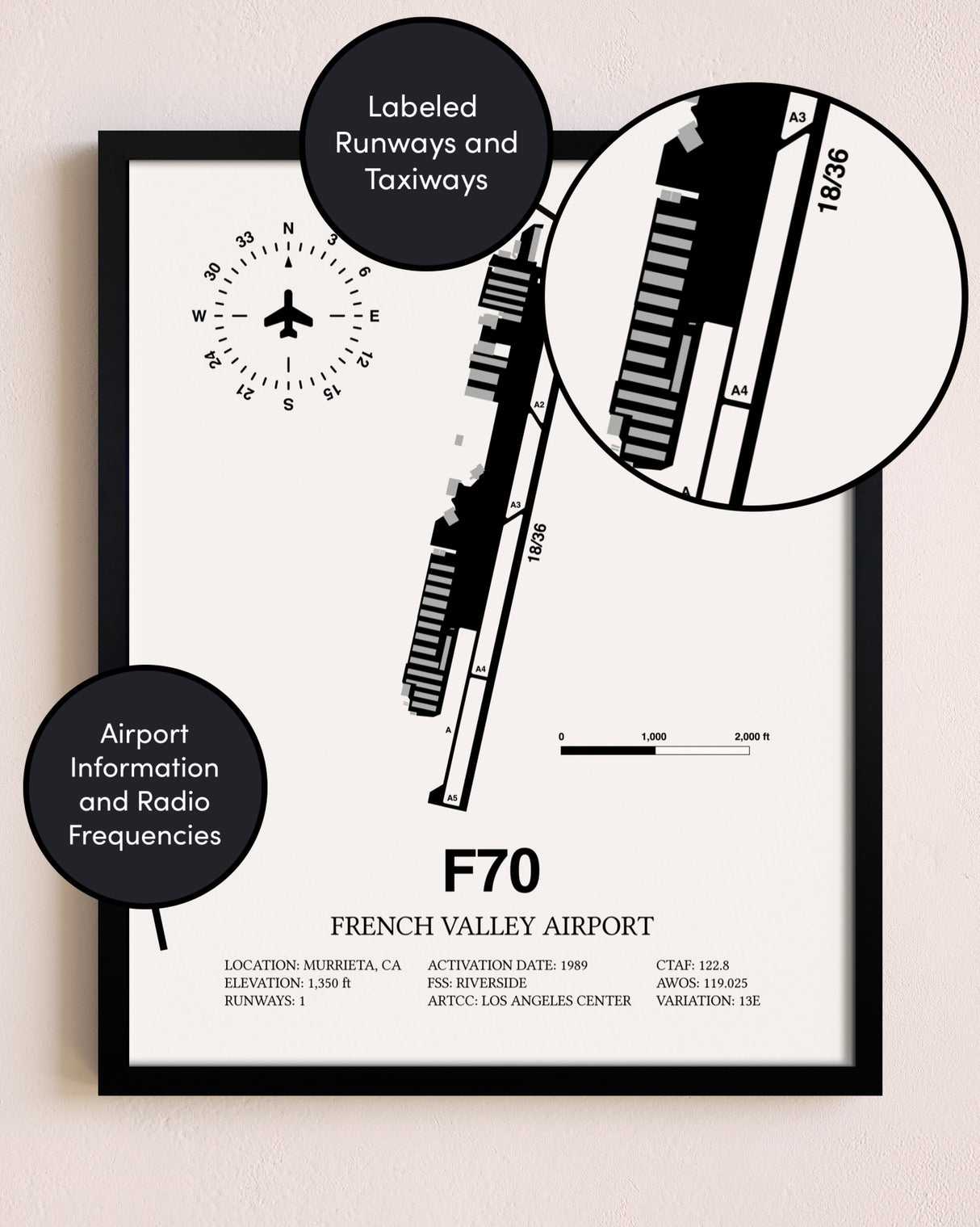 Framed French Valley Airport layout wall art poster