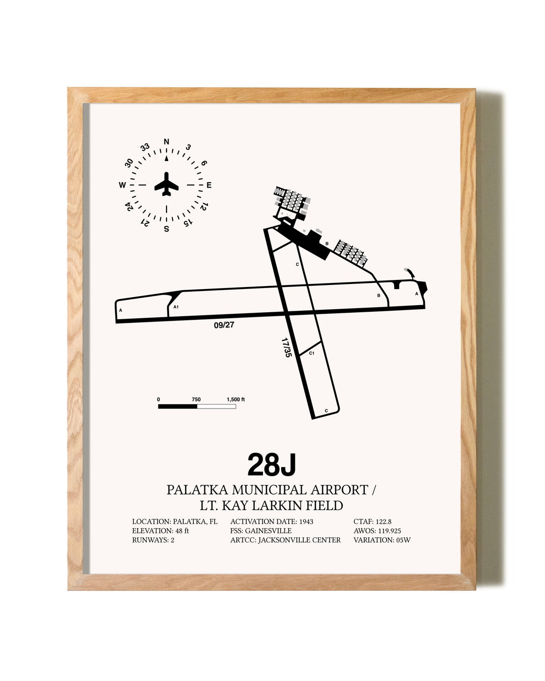Palatka Municipal Airport / Lt. Kay Larkin Field framed print in natural wood frame