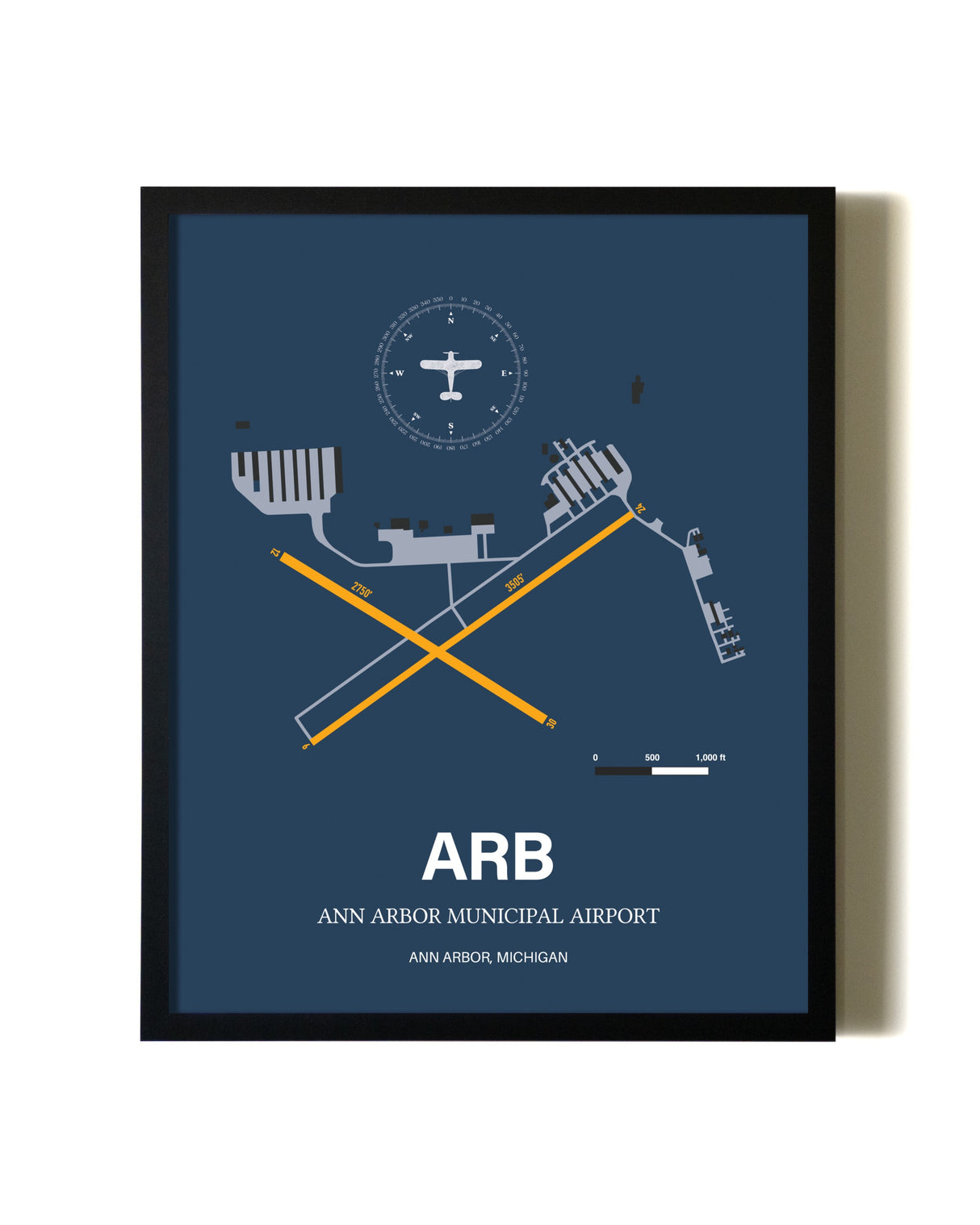 Blue and Yellow Framed Ann Arbor Municipal Airport wall art poster in black frame